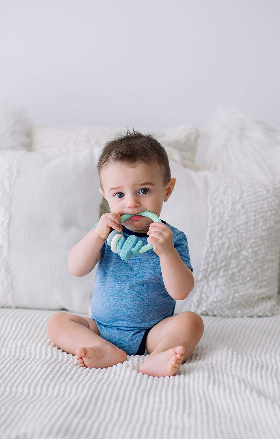 Silicone Teether with Rattle; Rattle Teether Features Rattling Sound, Two Silicone Teething Rings and Raised Texture to Soothe Gums; Ages 3 Months and up (Cactus)
