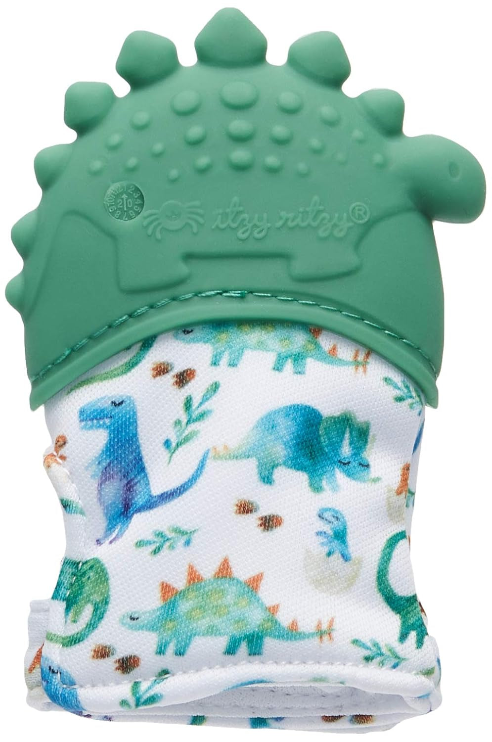 Silicone Teething Mitt - Soothing Infant Teething Mitten with Adjustable Strap, Crinkle Sound & Textured Silicone to Soothe Sore & Swollen Gums - for Ages 3 Months & up (Green Dinosaur)