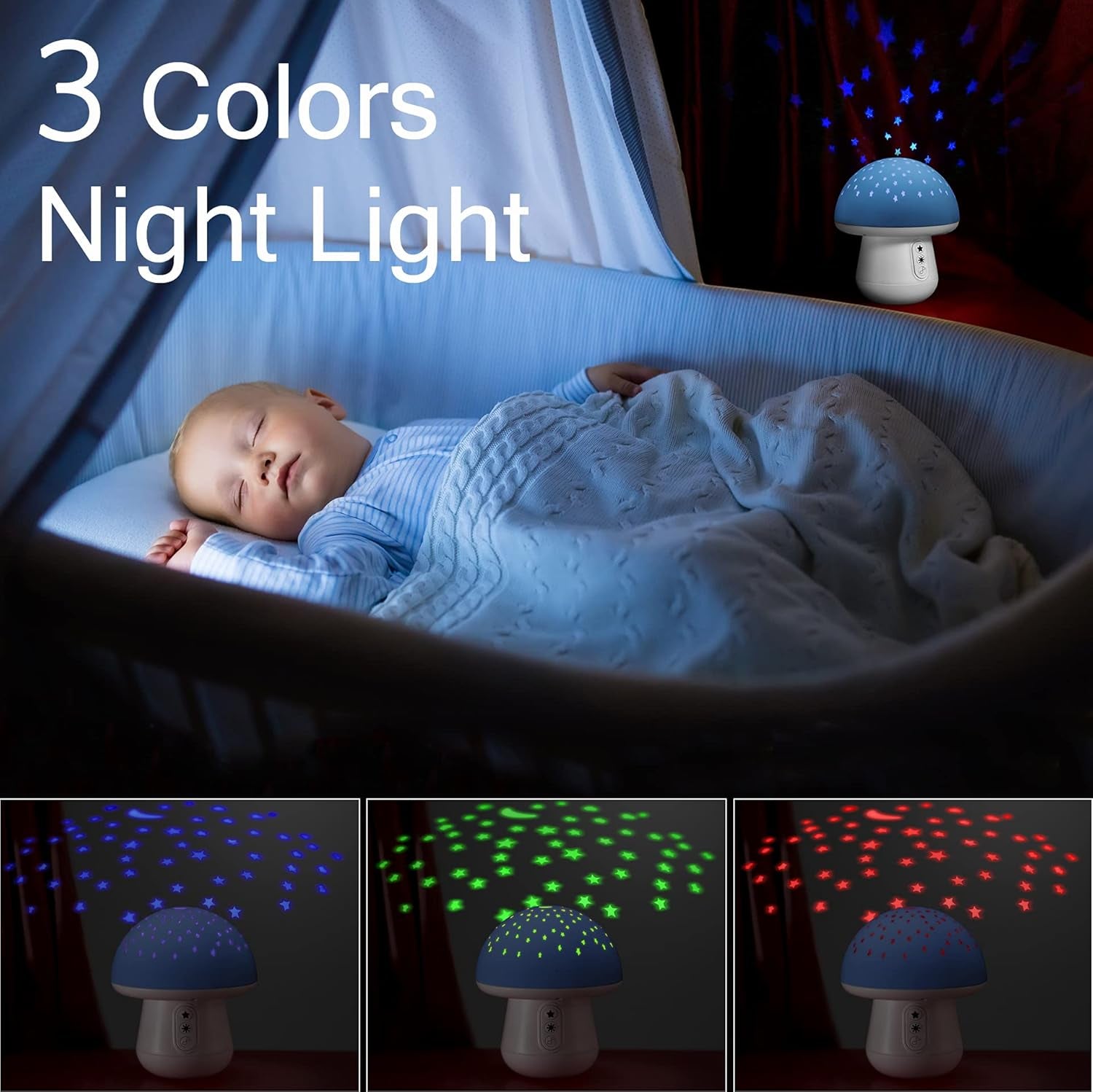 Baby Sleep Soother, Mushroom Baby White Noise Sound Machine with Moon and Star Projector, Portable Baby Sleep Aid Must Have Essentials for New Born, 4 Natural Soothing Sounds 7 Calming Melodies (Blue
