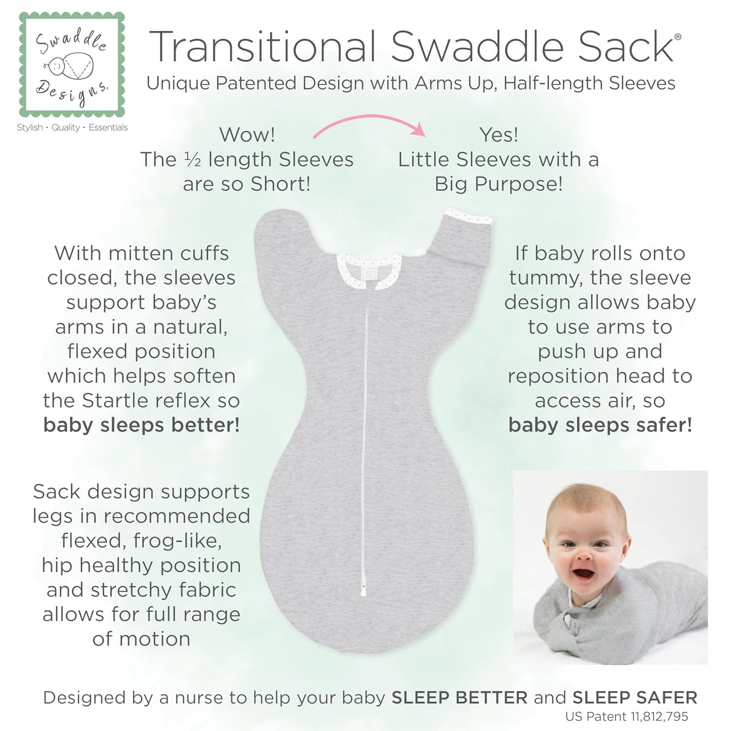 Transitional Swaddle Sack, Arms up Half-Length Sleeves & Mitten Cuffs, Swaddle for Newborn Transition to Baby Sleep Sack Wearable Blanket, 3-6 Month, 14-21 Lb, Heathered Gray Stripes