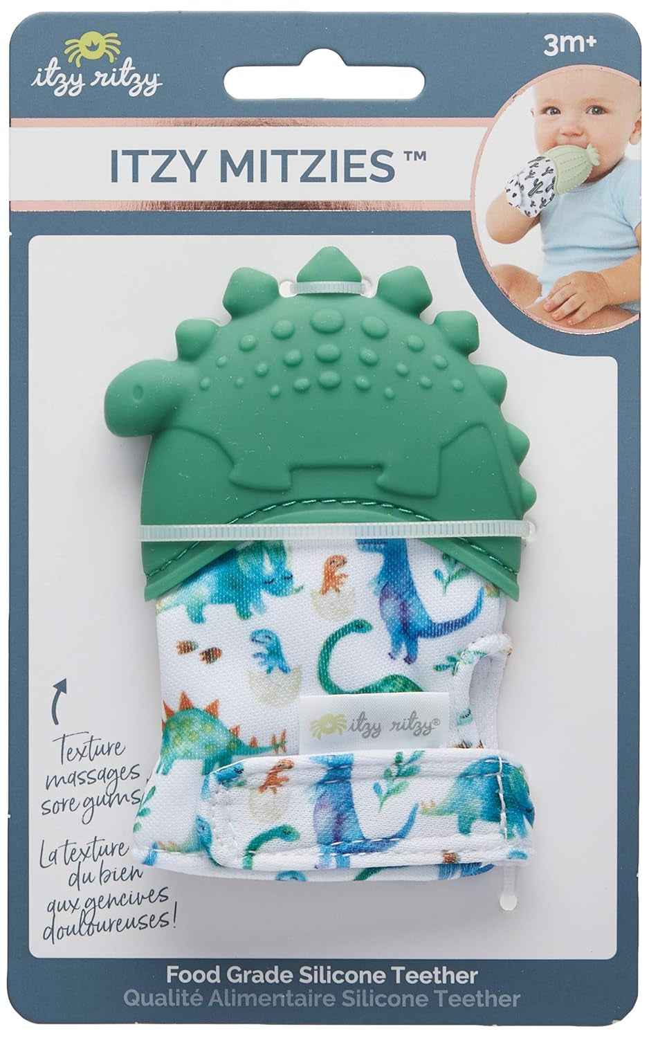 Silicone Teething Mitt - Soothing Infant Teething Mitten with Adjustable Strap, Crinkle Sound & Textured Silicone to Soothe Sore & Swollen Gums - for Ages 3 Months & up (Green Dinosaur)