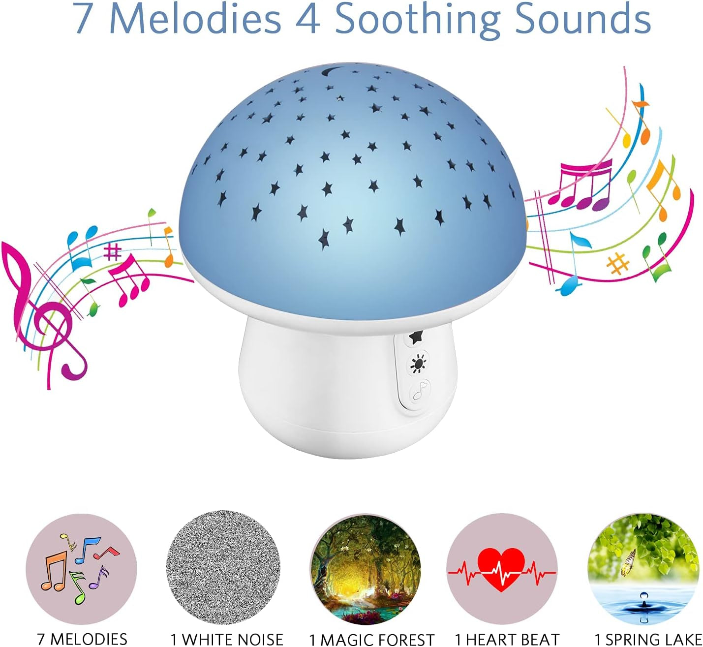 Baby Sleep Soother, Mushroom Baby White Noise Sound Machine with Moon and Star Projector, Portable Baby Sleep Aid Must Have Essentials for New Born, 4 Natural Soothing Sounds 7 Calming Melodies (Blue