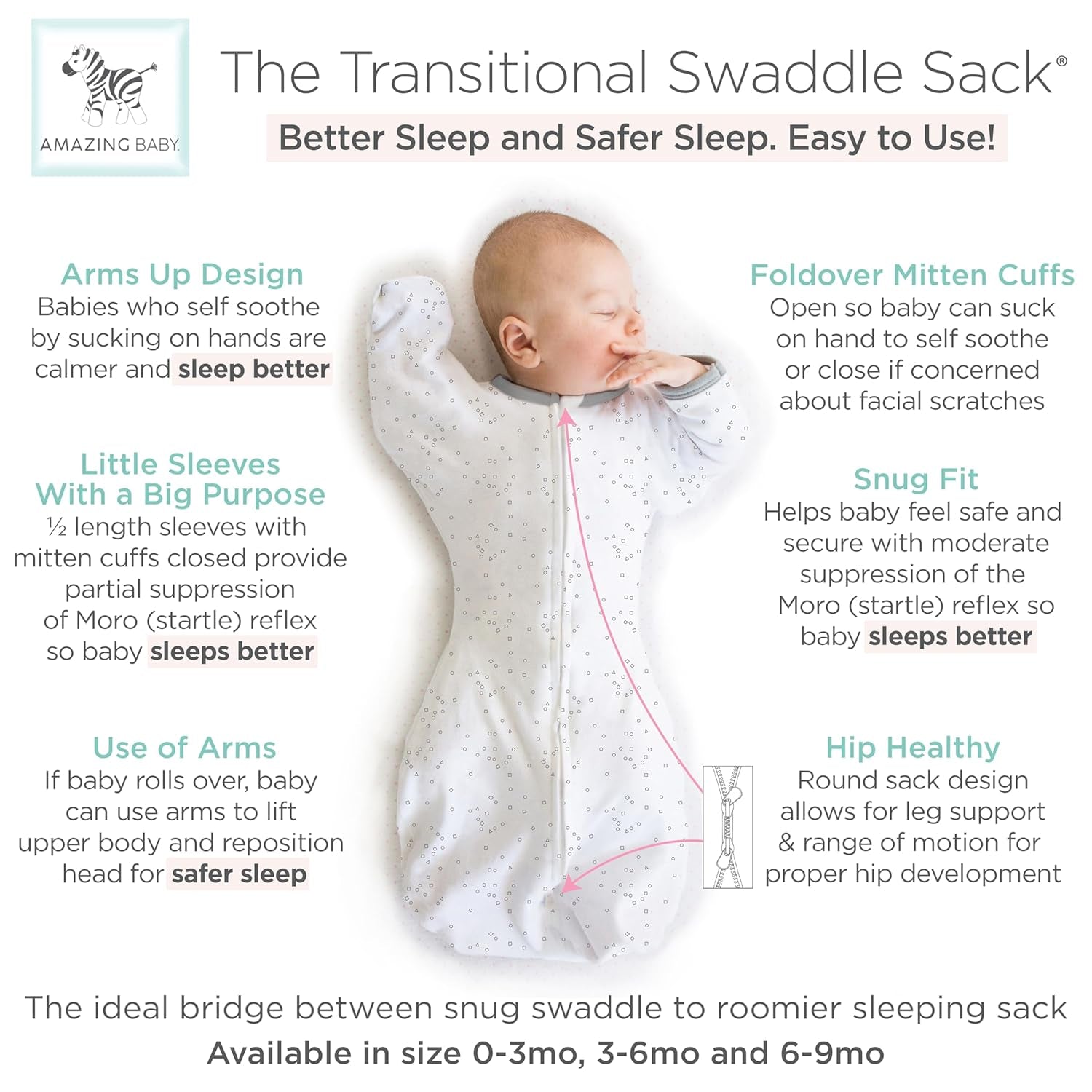 Transitional Swaddle Sack, Arms up Half-Length Sleeves & Mitten Cuffs, Swaddle for Newborn Transition to Baby Sleep Sack Wearable Blanket, Medium, 3-6 Month, 14-21 Lb, Sterling Confetti