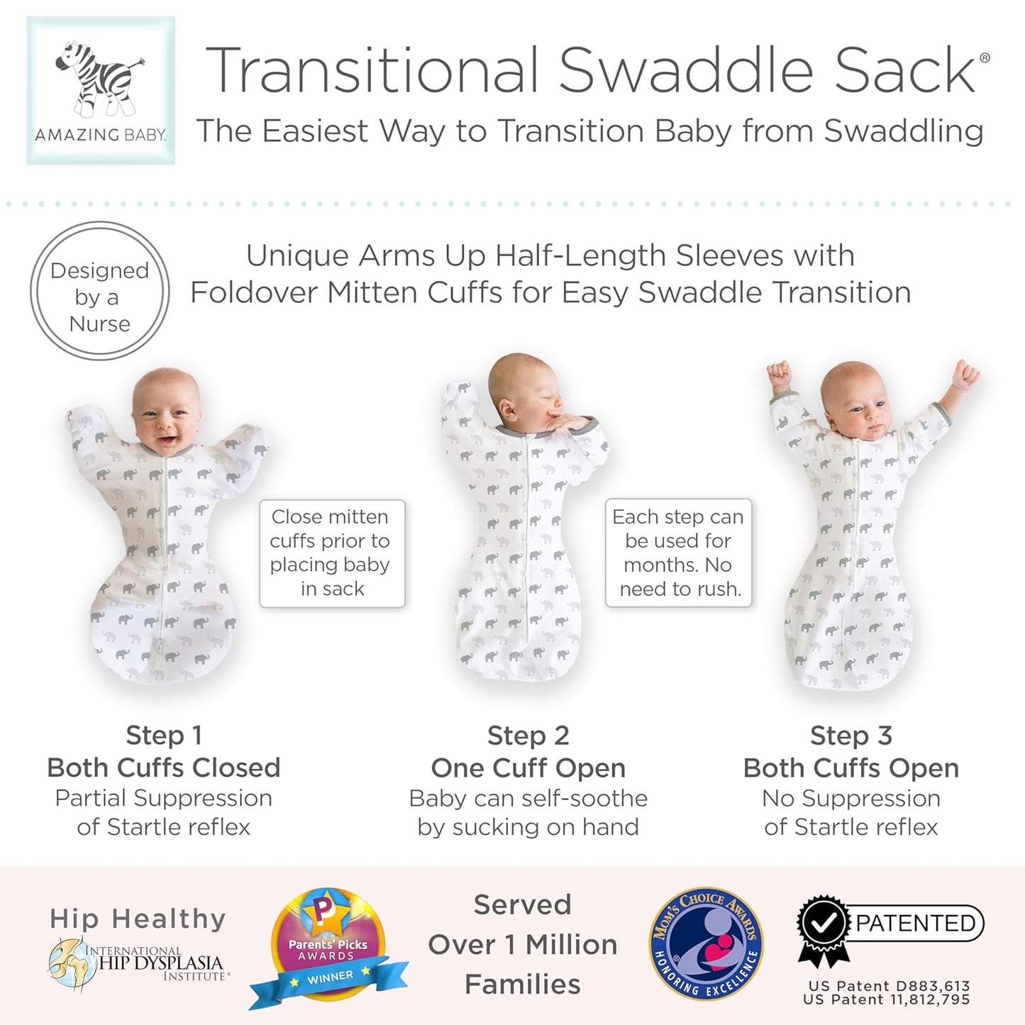 Transitional Swaddle Sack with Arms up Half-Length Sleeves and Mitten Cuffs, Tiny Elephants, Sterling, Medium, 3-6 Months, 14-21 Lbs (Better Sleep for Baby, Easy Swaddle Transition)