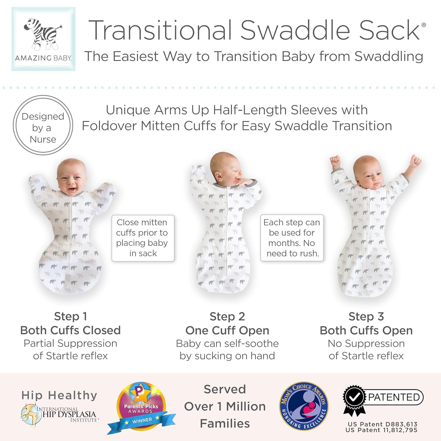 Transitional Swaddle Sack with Arms up Half-Length Sleeves and Mitten Cuffs, Tiny Elephants, Sterling, Medium, 3-6 Months, 14-21 Lbs (Better Sleep for Baby, Easy Swaddle Transition)