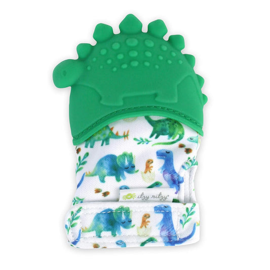 Silicone Teething Mitt - Soothing Infant Teething Mitten with Adjustable Strap, Crinkle Sound & Textured Silicone to Soothe Sore & Swollen Gums - for Ages 3 Months & up (Green Dinosaur)
