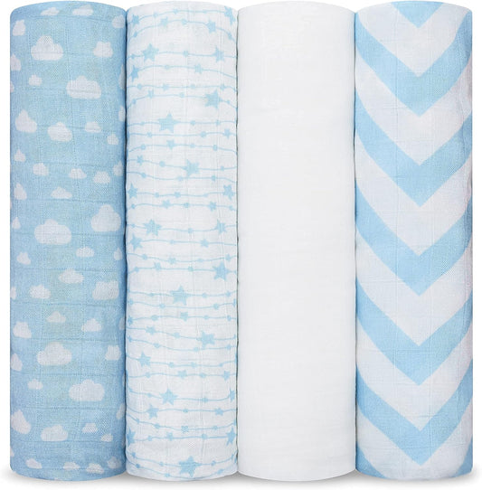 Muslin Swaddle Blankets Pack of 4, 47 X 47 Inches, Soft Cotton Baby Blanket Set, Large Multipurpose Swaddling Wraps for Newborns - Self-Soothing Swaddle - Blue