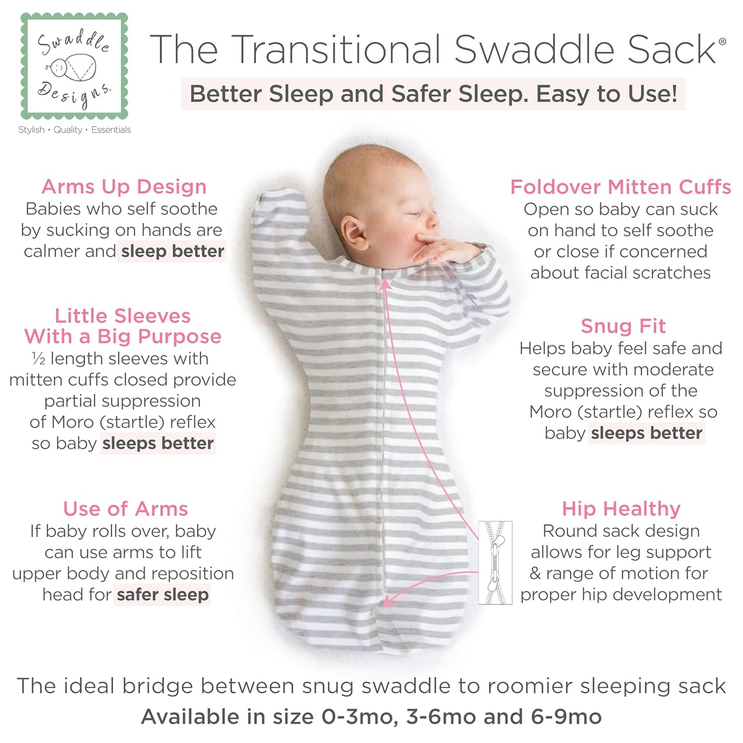 Transitional Swaddle Sack, Arms up Half-Length Sleeves & Mitten Cuffs, Swaddle for Newborn Transition to Baby Sleep Sack Wearable Blanket, 3-6 Month, 14-21 Lb, Heathered Gray Stripes