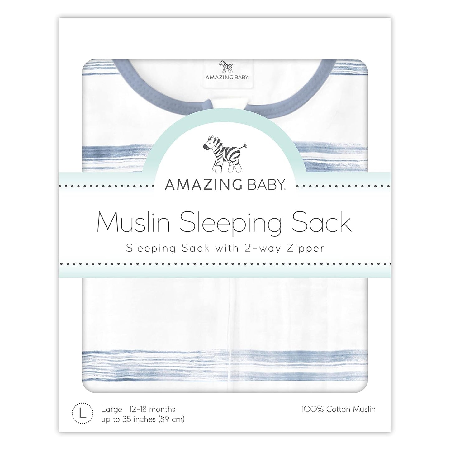 Cotton Muslin Sleeping Sack, for Baby Boy or Girl, Wearable Blanket with 2-Way Zipper, Watercolor Stripes, Denim, Medium (6-12 Month)