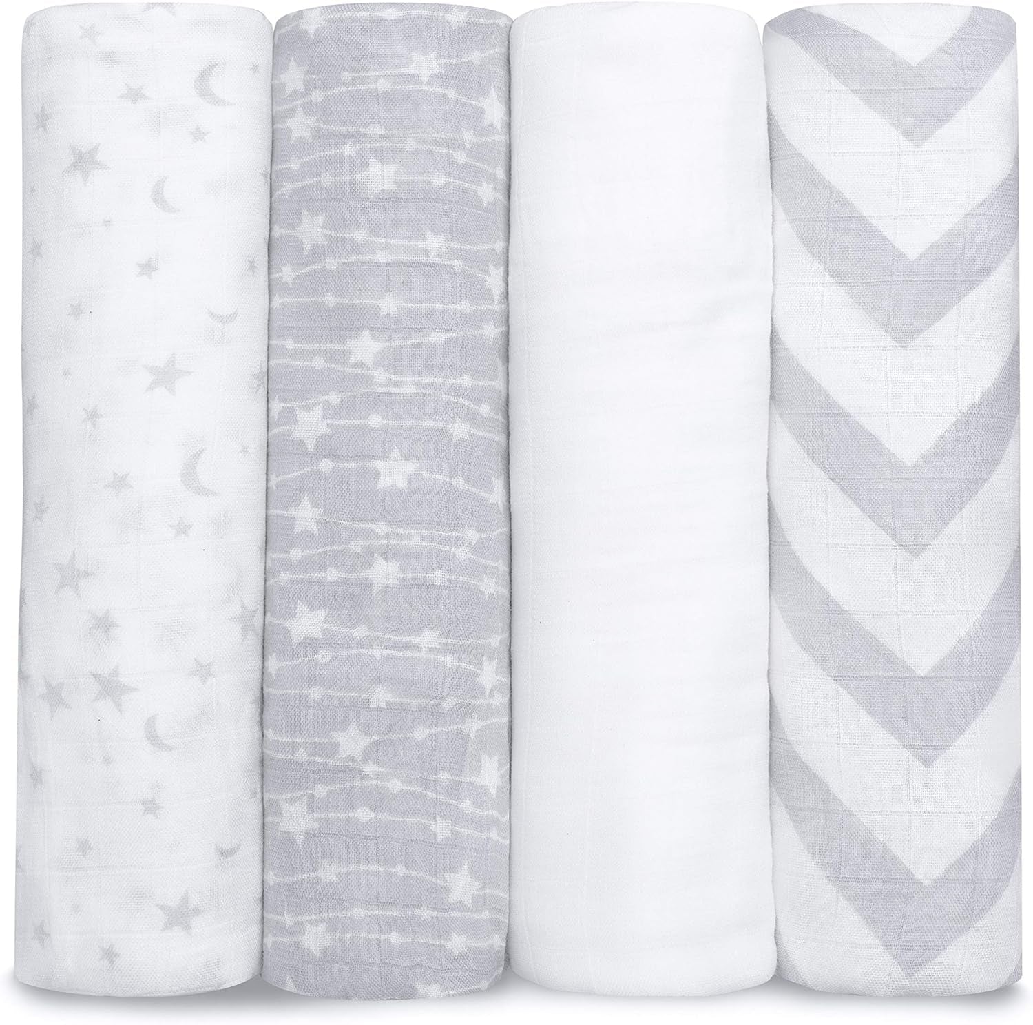 Muslin Swaddle Blankets Pack of 4, 47 X 47 Inches, Soft Cotton Baby Blanket Set, Large Multipurpose Swaddling Wraps for Newborns - Self-Soothing Swaddle - Grey