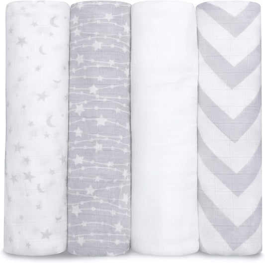 Muslin Swaddle Blankets Pack of 4, 47 X 47 Inches, Soft Cotton Baby Blanket Set, Large Multipurpose Swaddling Wraps for Newborns - Self-Soothing Swaddle - Grey