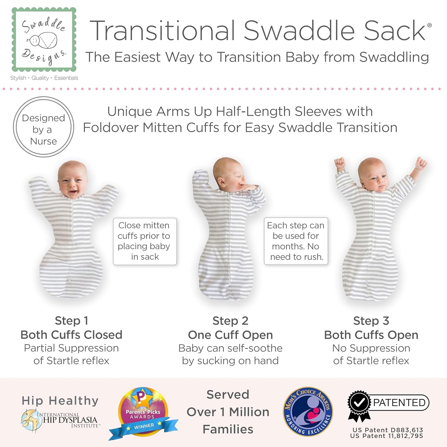 Transitional Swaddle Sack, Arms up Half-Length Sleeves & Mitten Cuffs, Swaddle for Newborn Transition to Baby Sleep Sack Wearable Blanket, 3-6 Month, 14-21 Lb, Heathered Gray Stripes