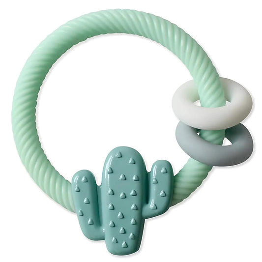 Silicone Teether with Rattle; Rattle Teether Features Rattling Sound, Two Silicone Teething Rings and Raised Texture to Soothe Gums; Ages 3 Months and up (Cactus)