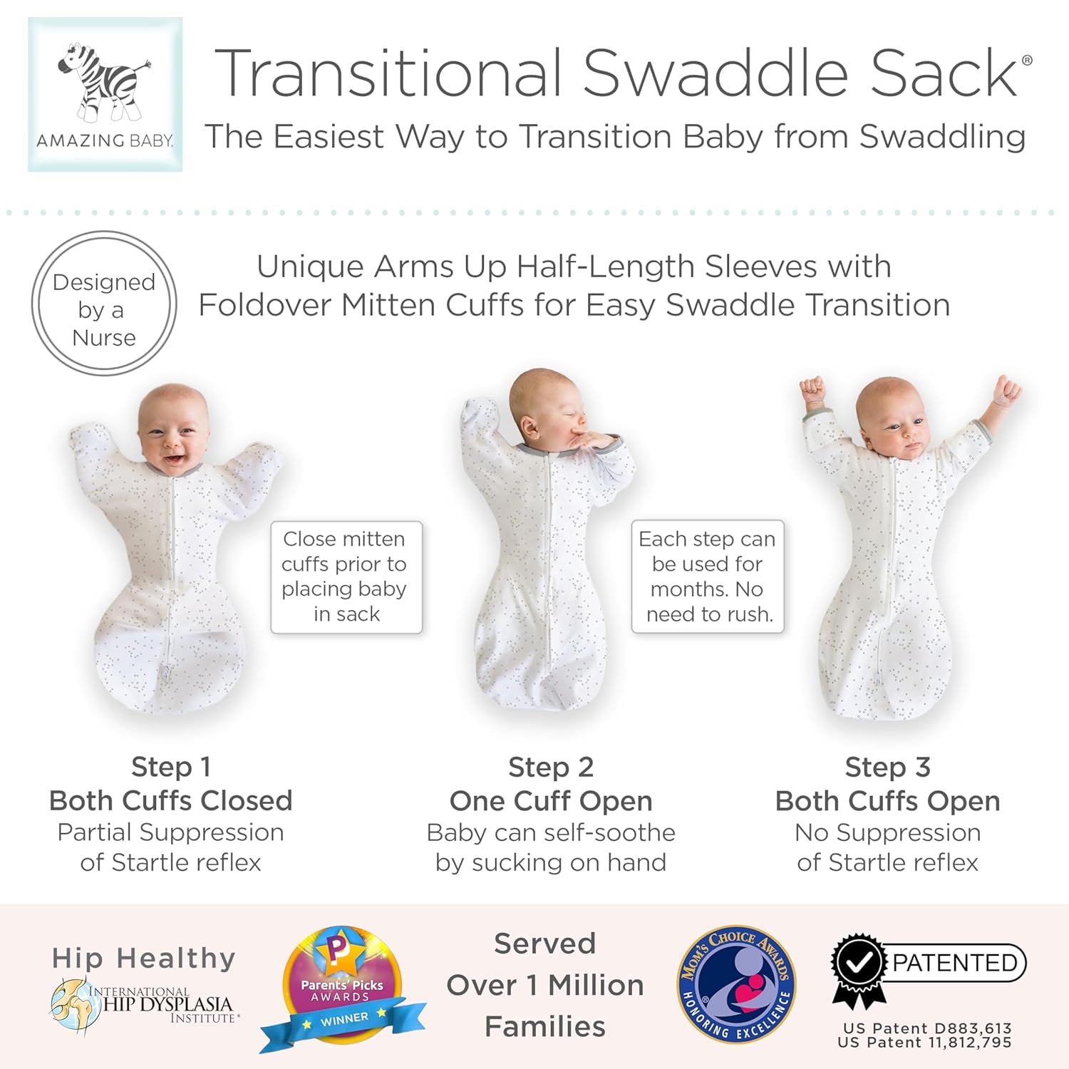 Transitional Swaddle Sack, Arms up Half-Length Sleeves & Mitten Cuffs, Swaddle for Newborn Transition to Baby Sleep Sack Wearable Blanket, Medium, 3-6 Month, 14-21 Lb, Sterling Confetti
