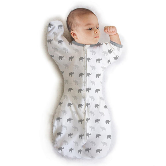Transitional Swaddle Sack with Arms up Half-Length Sleeves and Mitten Cuffs, Tiny Elephants, Sterling, Medium, 3-6 Months, 14-21 Lbs (Better Sleep for Baby, Easy Swaddle Transition)