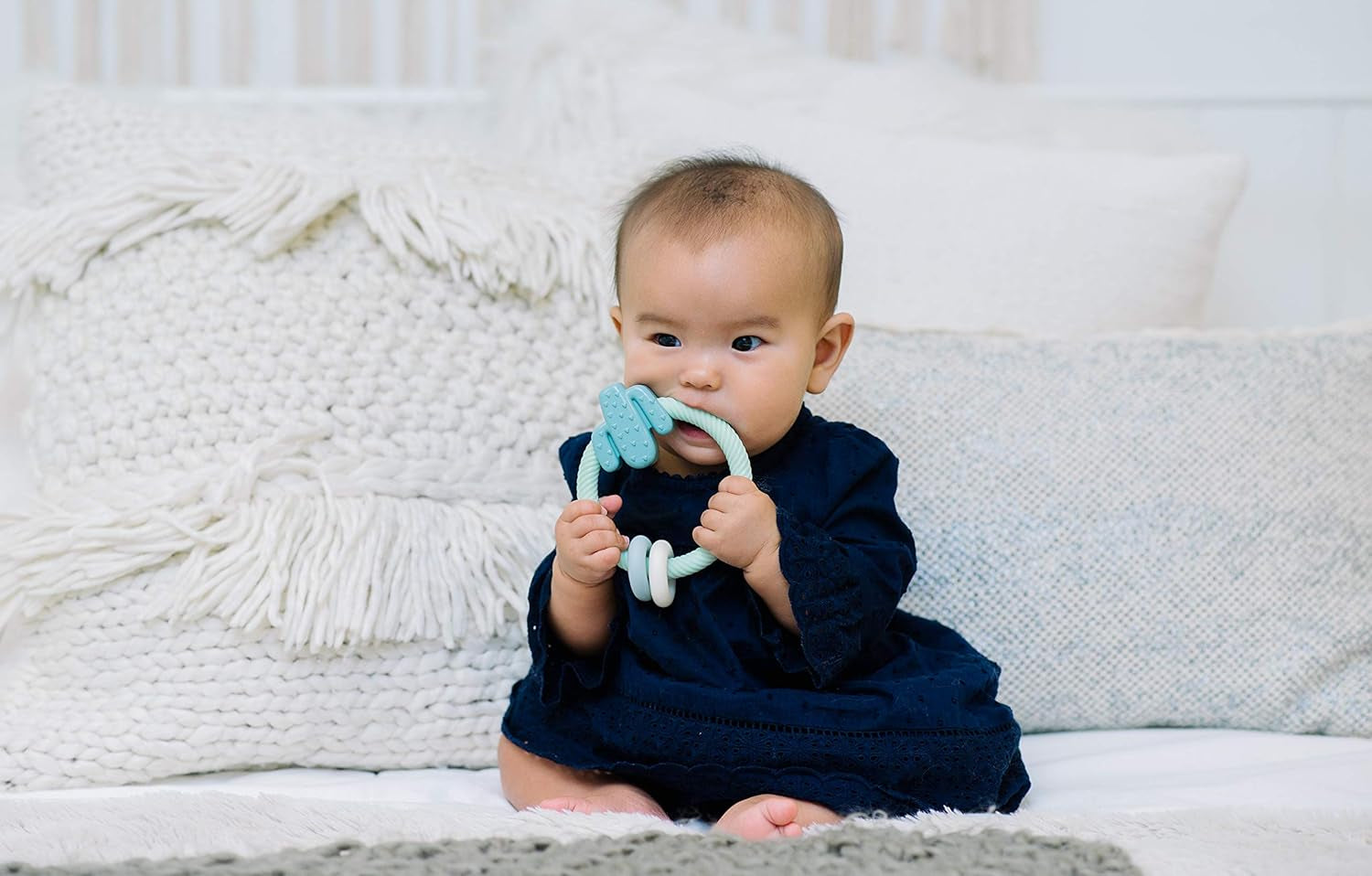 Silicone Teether with Rattle; Rattle Teether Features Rattling Sound, Two Silicone Teething Rings and Raised Texture to Soothe Gums; Ages 3 Months and up (Cactus)