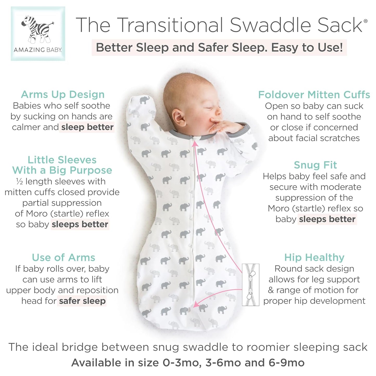 Transitional Swaddle Sack with Arms up Half-Length Sleeves and Mitten Cuffs, Tiny Elephants, Sterling, Medium, 3-6 Months, 14-21 Lbs (Better Sleep for Baby, Easy Swaddle Transition)