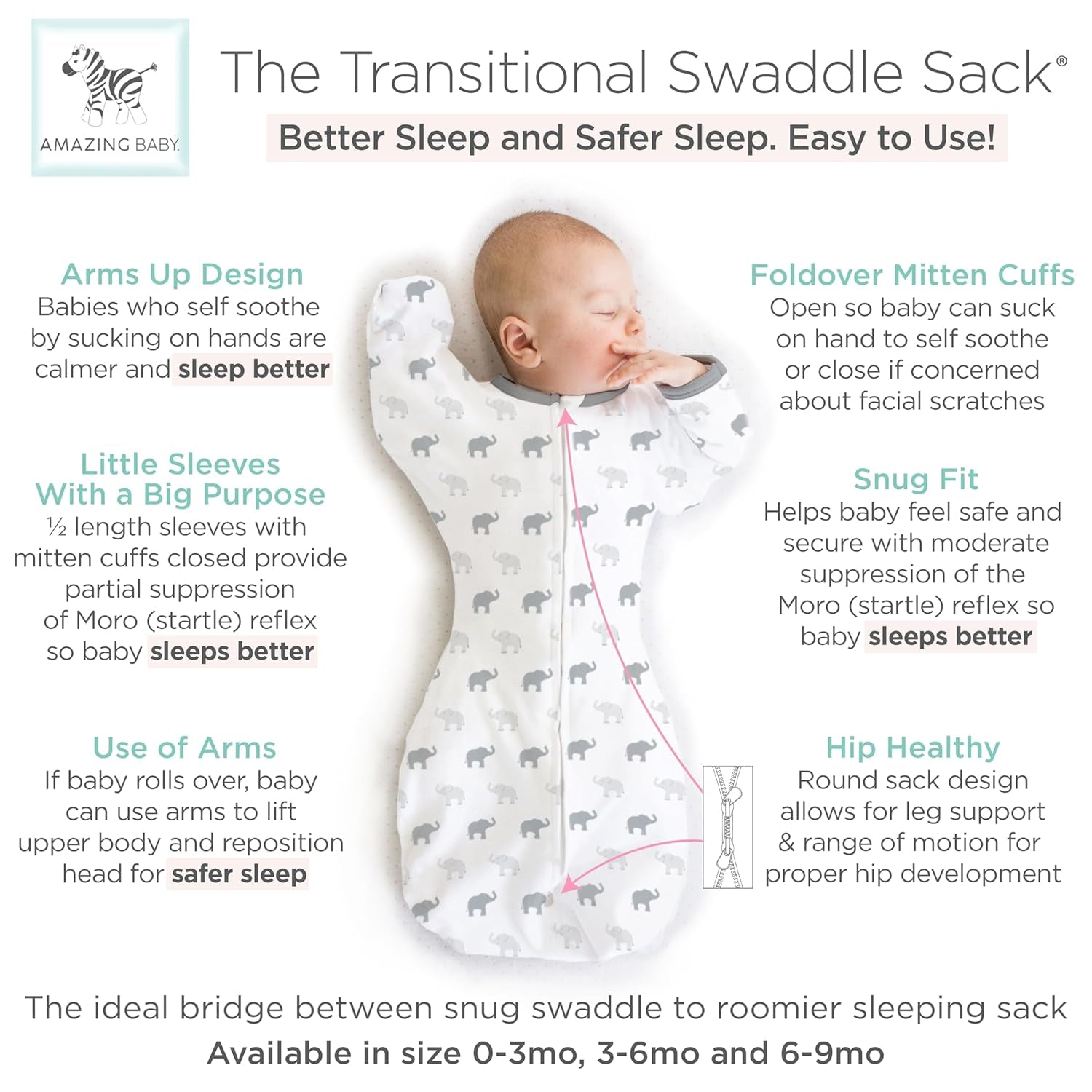 Transitional Swaddle Sack with Arms up Half-Length Sleeves and Mitten Cuffs, Tiny Elephants, Sterling, Medium, 3-6 Months, 14-21 Lbs (Better Sleep for Baby, Easy Swaddle Transition)