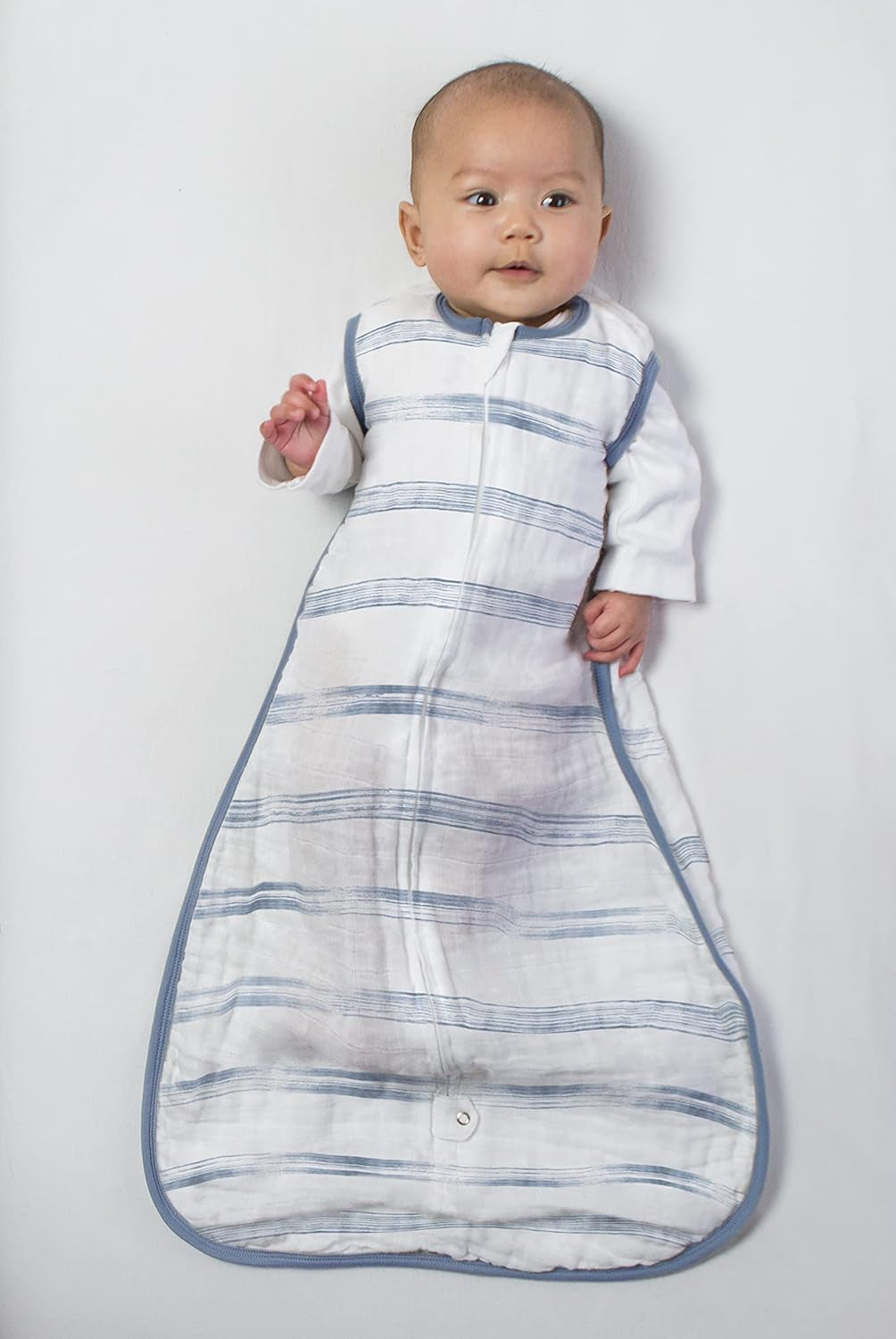 Cotton Muslin Sleeping Sack, for Baby Boy or Girl, Wearable Blanket with 2-Way Zipper, Watercolor Stripes, Denim, Medium (6-12 Month)